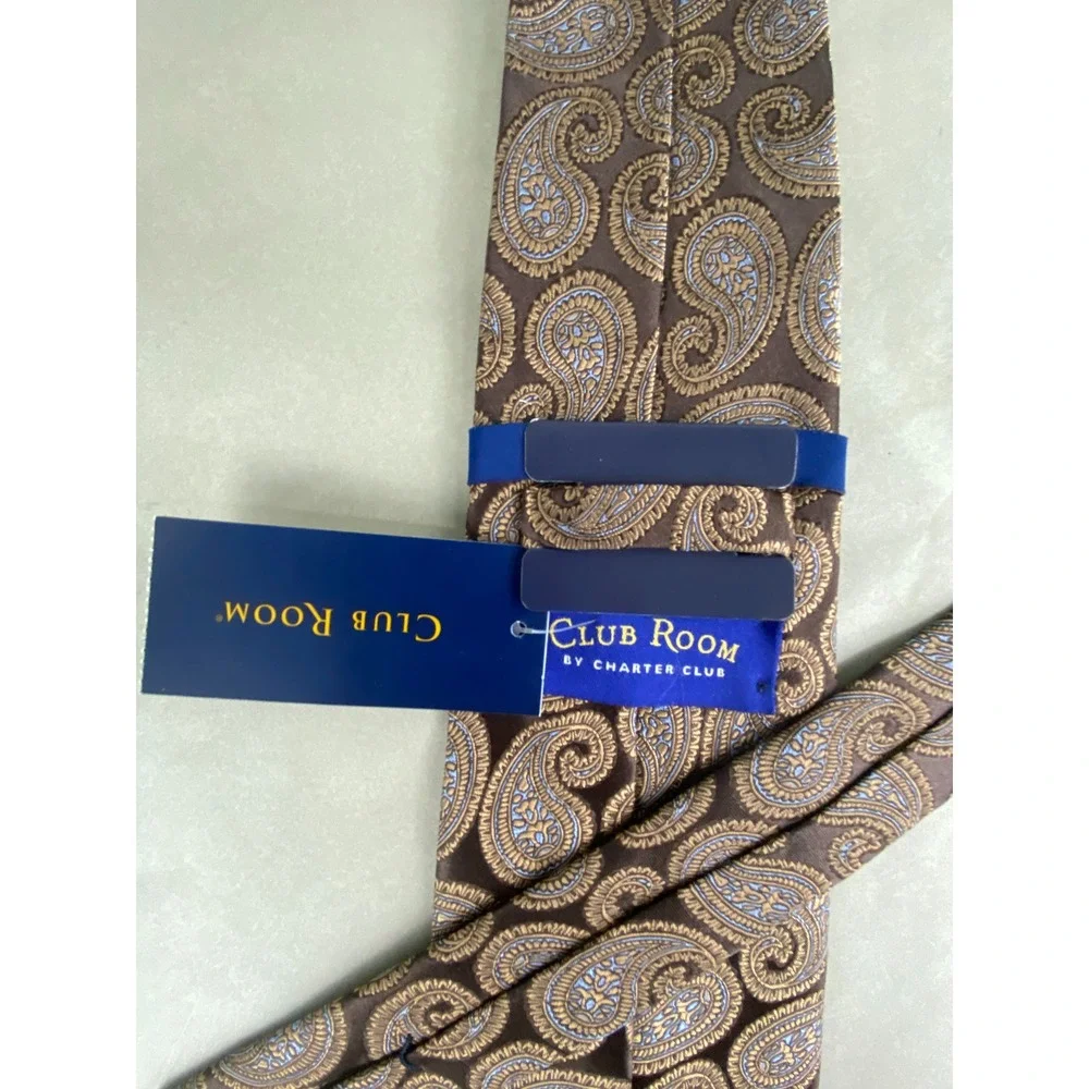 Club Room Mens Tie Paisley Brown Gold Blue Designer 100% Silk NWT 58x4